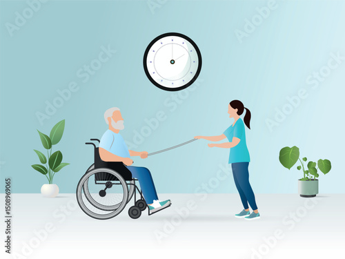 Nurse assisting senior man in wheelchair with resistance band exercises