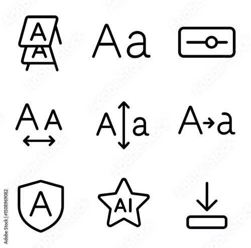 Typography Icon Set. Outline icon set of automated typography pairing: font stack, text preview, weight slider, kerning control,