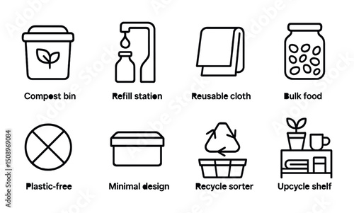 Eco-friendly living icons for sustainable lifestyle and waste reduction