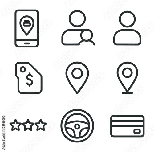 Ride-Sharing Icon Set. Outline icon set of ride-sharing services: smartphone with car pin, driver profile, passenger silhouette,