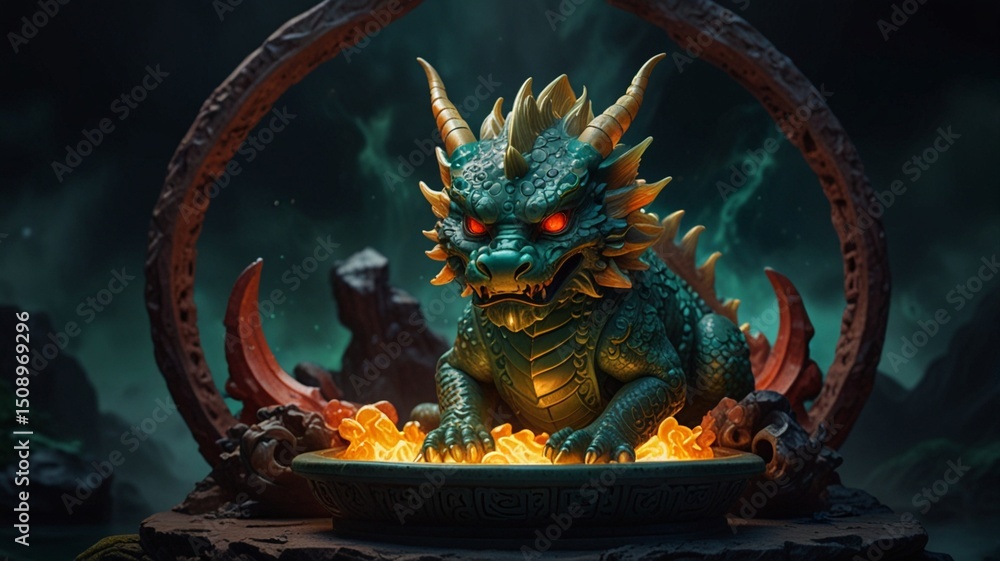 Fototapeta premium Mystical dragon sits in fiery bowl