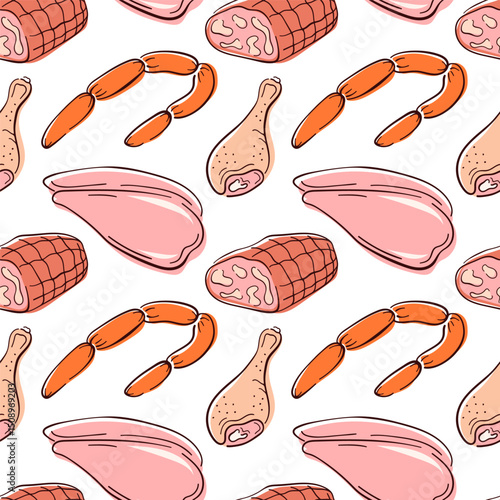 Seamless pattern of chicken fillet and leg, sausages and ham in flat style on white background. Ideal for food packaging, kitchen decor or butcher shop wrapping paper.