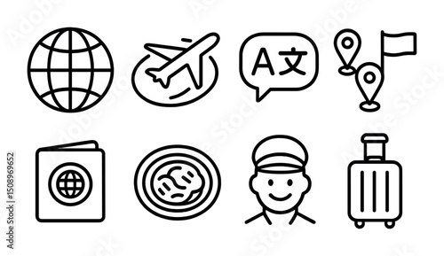 Travel and tourism icons for international journey planning and adventure