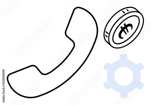 Phone receiver, currency coin, and gear outline representing communication, financial transactions, and process management. Ideal for business, technology, customer service, fintech innovation