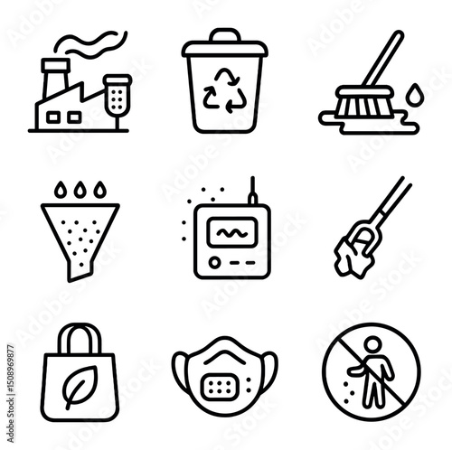 Pollution Reduction Icons. Outline icon set of pollution reduction: factory with smoke filter, recycling bin, oil spill cleanup,
