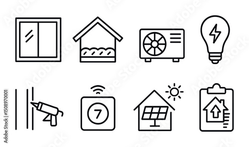 Energy efficient home solutions and sustainable living icons set