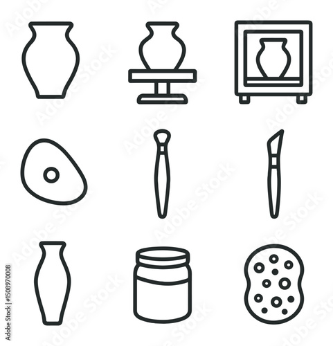 Pottery Craft Icons. Outline icon set of pottery crafting: clay pot, pottery wheel, kiln, rib tool, trimming tool, glaze brush,