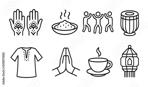 Diwali celebration icons with henna, drum, lantern, and tea elements