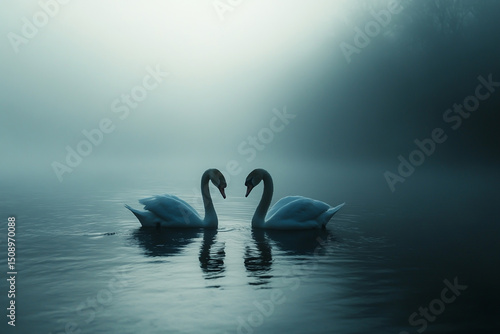 Fototapeta Naklejka Na Ścianę i Meble -  Two swans in the water forming two hearts, beautiful nature photography, a dreamy, misty atmosphere, and soft light