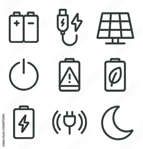 Power Management Icons. Outline icon set of power management: battery pack, charging cable, solar cell, power button, low-battery