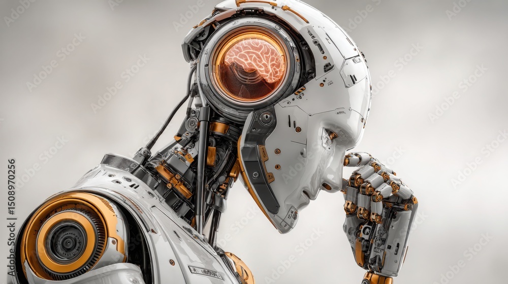 Fototapeta premium Robot holding a brain in its hand symbolizing neural trading bot user interface for advanced financial decision making