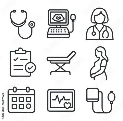 Prenatal Checkup Icons. Outline icon set of prenatal checkup elements: stethoscope, ultrasound machine, doctor figure, pregnant