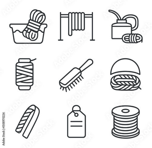 Rope Maintenance Icons. Outline icon set of rope maintenance: rope washing tub, drying rack, rope oil can, whipping twine, rope