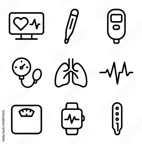 Vital Signs Icon Set. Outline icon set of vital signs monitoring: heart rate monitor, thermometer, pulse oximeter, blood pressure