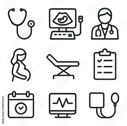 Prenatal Checkup Icons. Outline icon set of prenatal checkup elements: stethoscope, ultrasound machine, doctor figure, pregnant