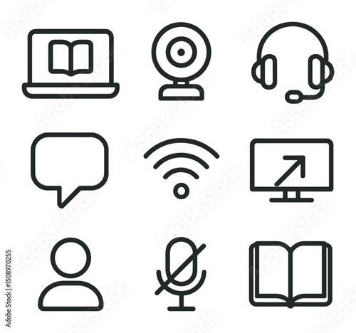 Virtual Book Club Icons. Outline icon set of virtual book club meeting: laptop screen, webcam, headset, chat bubble, Wi-Fi signal,