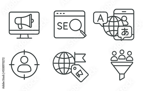 Digital marketing elements: seo, global targeting, and communication icons