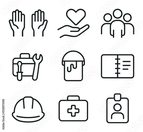 Volunteer Icons Grid. Outline icon set of volunteer vacations: helping hands, heart in hand, group of people, toolkit, paint