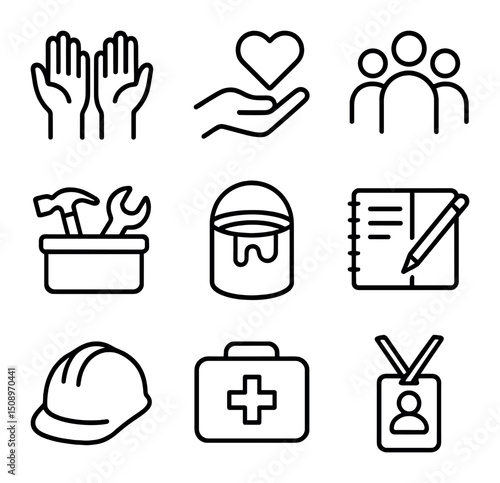 Volunteer Icons Grid. Outline icon set of volunteer vacations: helping hands, heart in hand, group of people, toolkit, paint