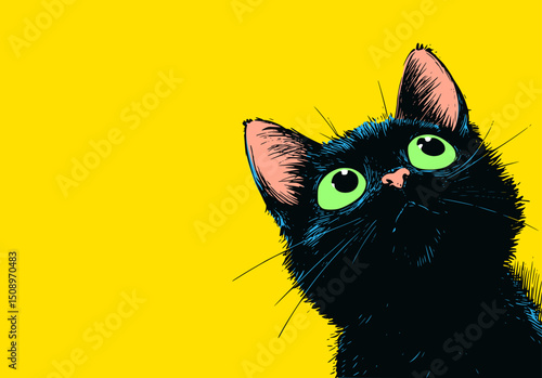 Curious black cat with staring eyes on vibrant colorful background in pop art style