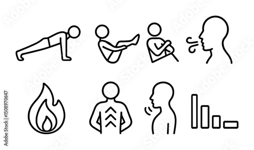 Fitness exercise and breathing techniques icon set for health and wellness design