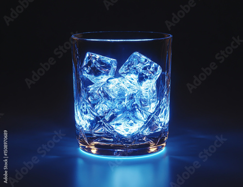 White light illuminates the glass of whiskey with ice cubes on a black background. A blue neon glow creates a high-resolution photographic effect