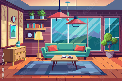 Cozy modern living room illustration with large windows, green walls, and stylish furniture