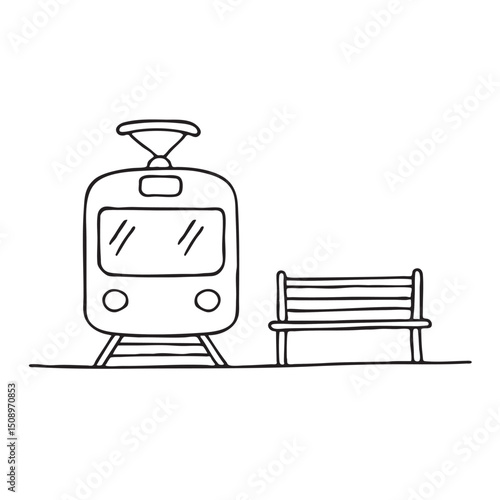 A tram with cable stopping beside a waiting bench