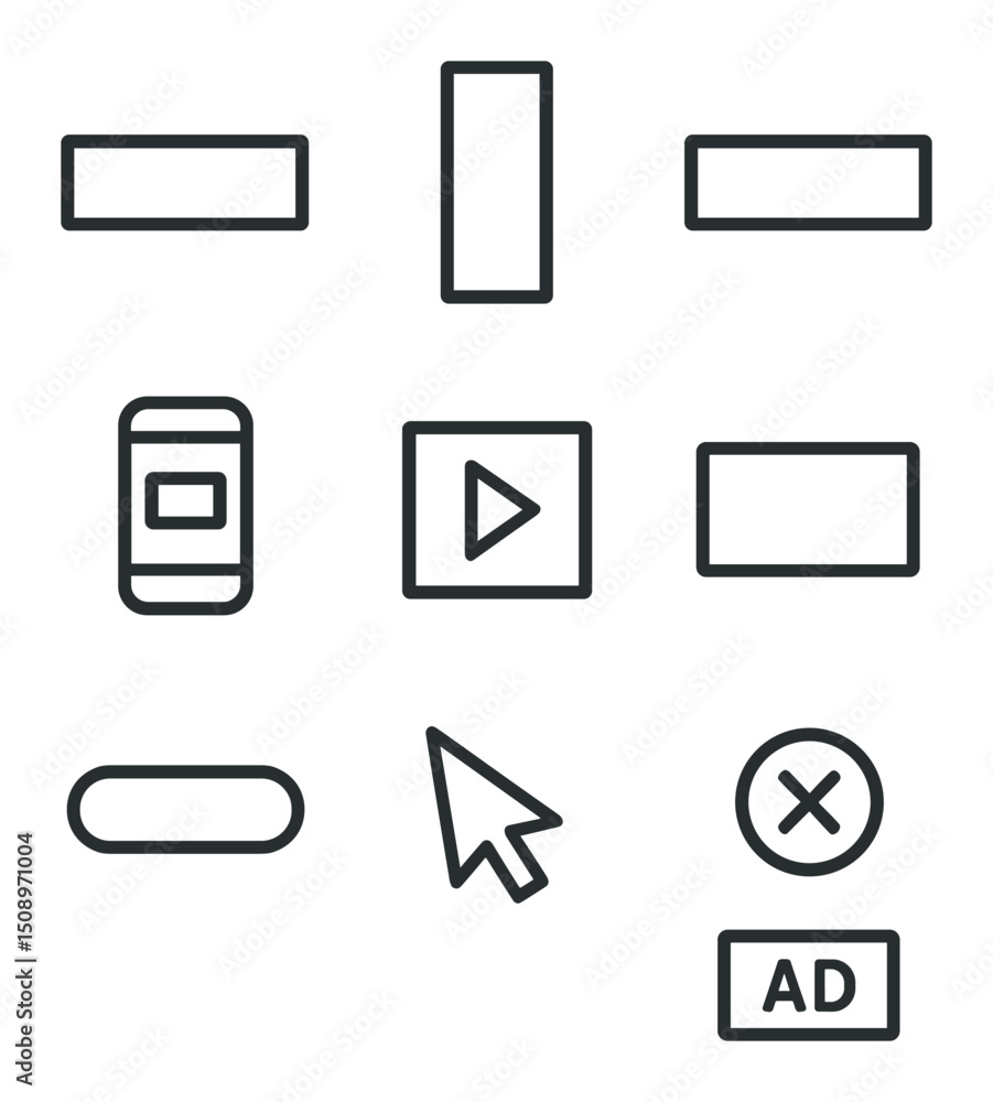 Web Banner Icons. Outline icon set of web banner mockups: leaderboard banner, skyscraper ad, rectangle ad, mobile banner, animated Web Banner Icons. Outline icon set of web banner mockups: leaderboard banner, skyscraper ad, rectangle ad, mobile banner, animated