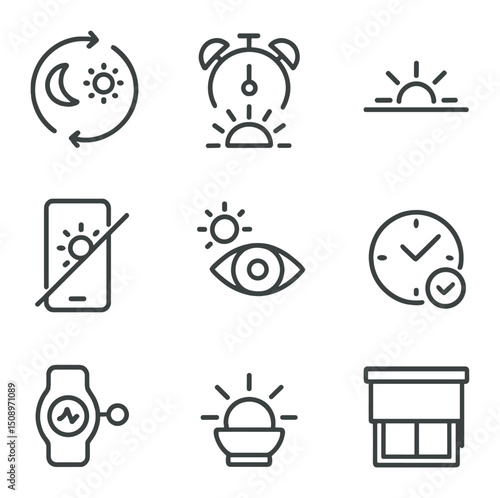Wellness Lighting Icons. Outline icon set of wellness lighting: circadian cycle icon, sunrise simulator, sunset simulator,
