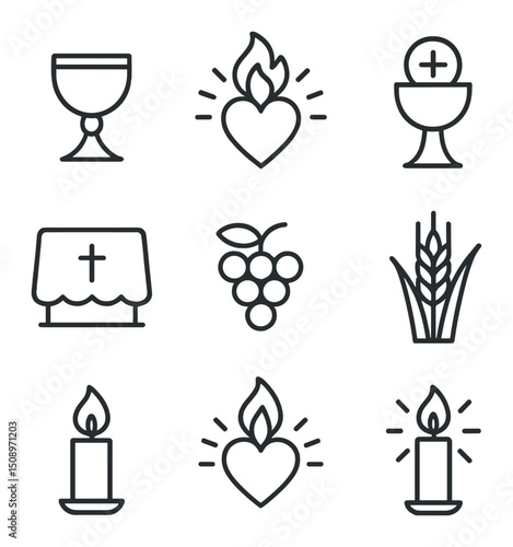 Sacred Symbols Grid. Outline icon set of heart with chalice and sacred flame: chalice cup, host wafer, heart emblem, flame arc,