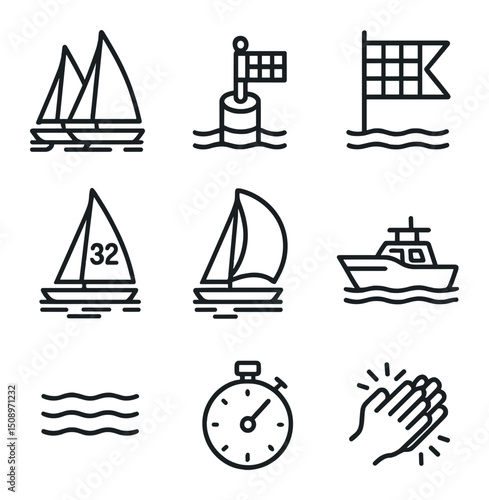 Regatta Icon Set. Outline icon set of regatta on glassy water: multiple sails, start line buoy, finish flag, racing numbers,
