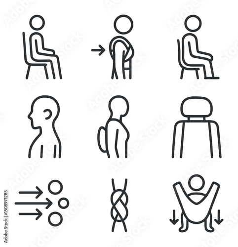 Safety & Comfort Icons. Outline icon set of safety and comfort cues: proper posture, tightened straps, foot support, neck