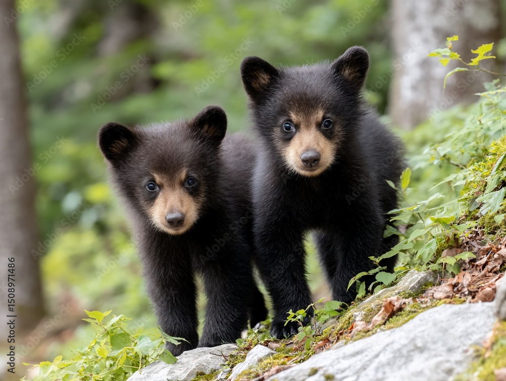 Obraz premium Two adorable bear cubs peek out from nature