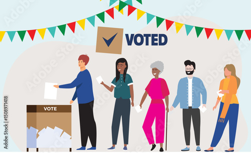 election day cartoon scene people queue carrying filled paper ballots put voting box community responsibility