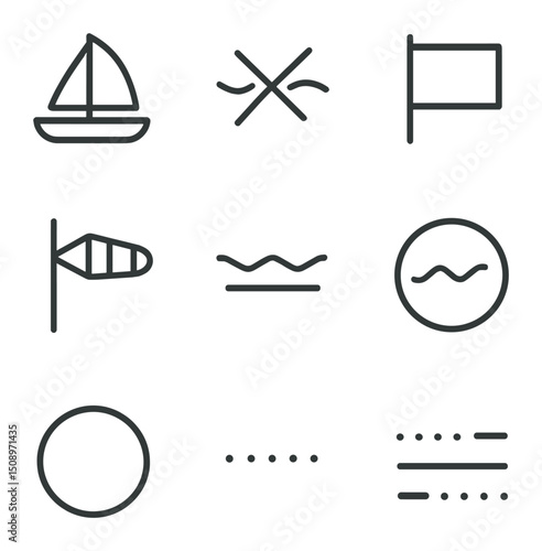 Wind Symbols Icon Set. Outline icon set of wind-idle sail symbols: drooping sail, slack sheet, breeze icon crossed, calm flag,