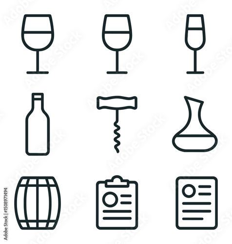 Wine Icon Collection. Outline icon set of wine selections: red wine glass, white wine glass, rosé glass, sparkling wine flute,