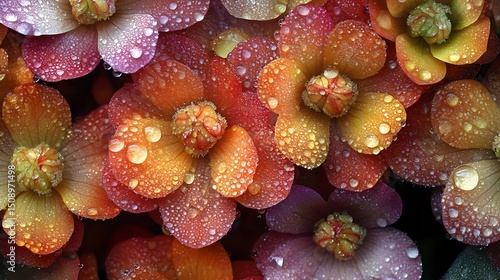 An abstract closeup showcases dew-kissed flowers, their petals a gradient of red, orange, and yellow, creating a vibrant spectacle. This botanical beauty evokes a sense of freshness and renewal.