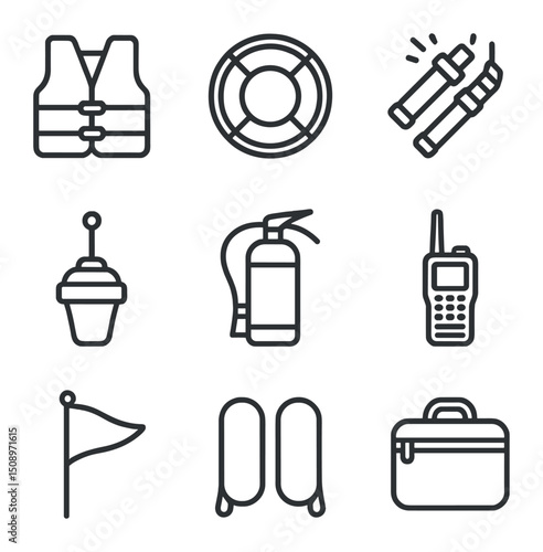 Safety Gear Icons. Outline icon set of safety and emergency gear: life jacket, lifebuoy, flares, EPIRB beacon, fire extinguisher,