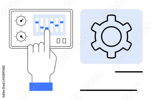 Hand interacting with control panel sliders beside a gear icon. Ideal for technology, user interface, customization, system settings, control, automation, and a simple landing page