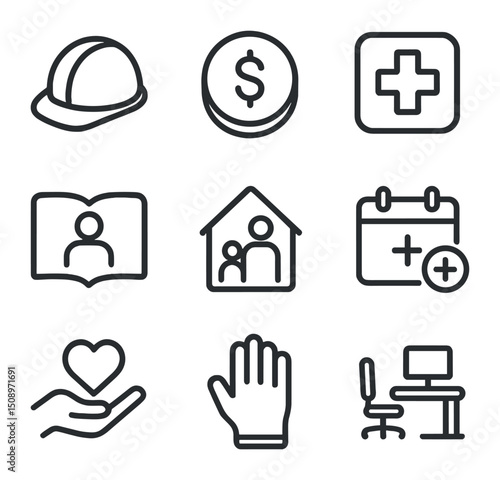 Worker Welfare Icons. Outline icon set of worker welfare initiatives: safety helmet, fair wage coin, health clinic cross, training