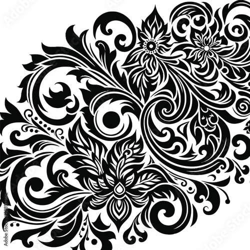 Black and white seamless floral pattern with vintage ornamental design elements