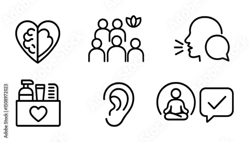 Mental wellness and communication icons for mindfulness and group therapy concepts