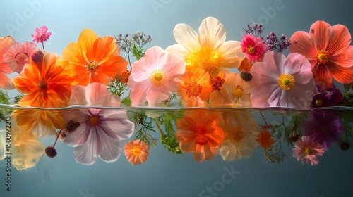 A vibrant, abstract display features flowers in water, reflecting a dreamlike quality. The pastel petals and bright centers evoke a sense of delicate beauty and surreal composition.