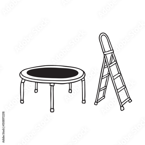 A trampoline standing next to a collapsible ladder