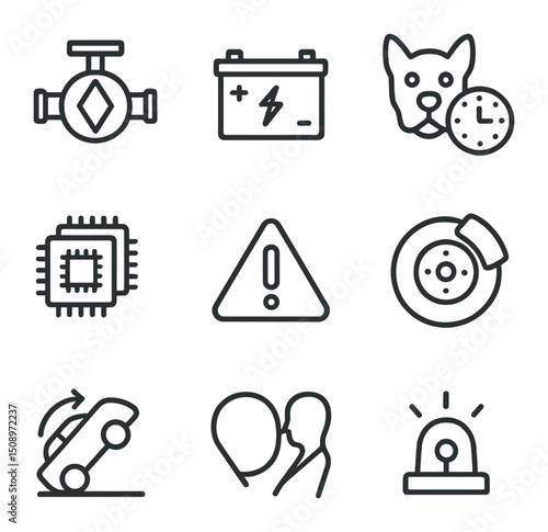 Safety Systems Icons. Outline icon set of safety and redundancy systems: fail-safe valve, backup battery, watchdog timer,