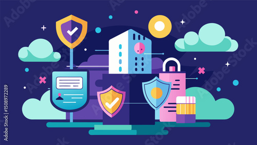 A data sanctuary shielded by advanced encryption algorithms and regular security updates.. Vector illustration