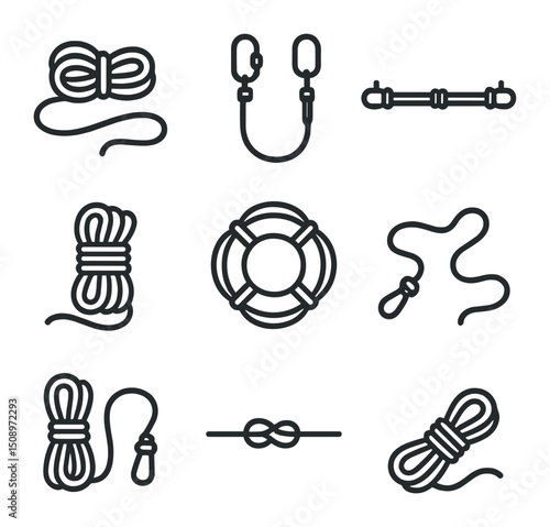 Safety Line Icons. Outline icon set of safety lines: lifeline rope, safety harness lanyard, jackline rope, rescue throw line, life