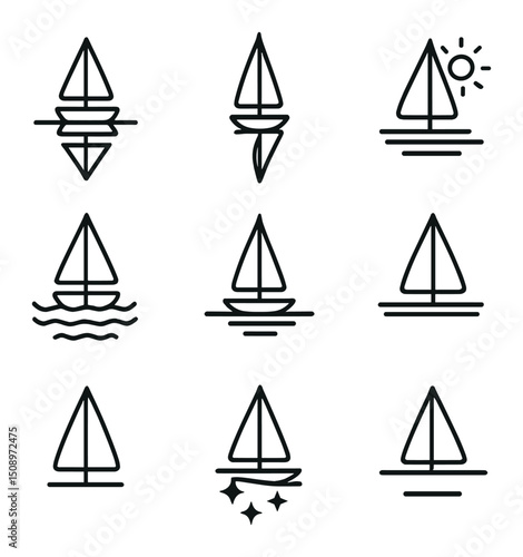 Sailboat Reflections Icons. Outline icon set of sailboat reflections: mirror hull, inverted mast, water ripple, sunbeam, calm sea,