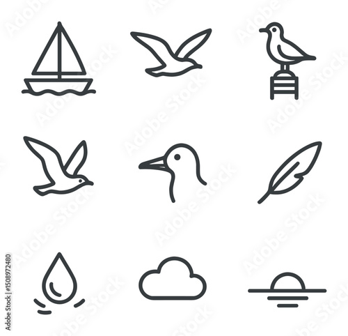 Sailboat and Seabird Icons. Outline icon set of sailboat and seabird encounters: sailboat, flying gull, perched buoy, wing flap,